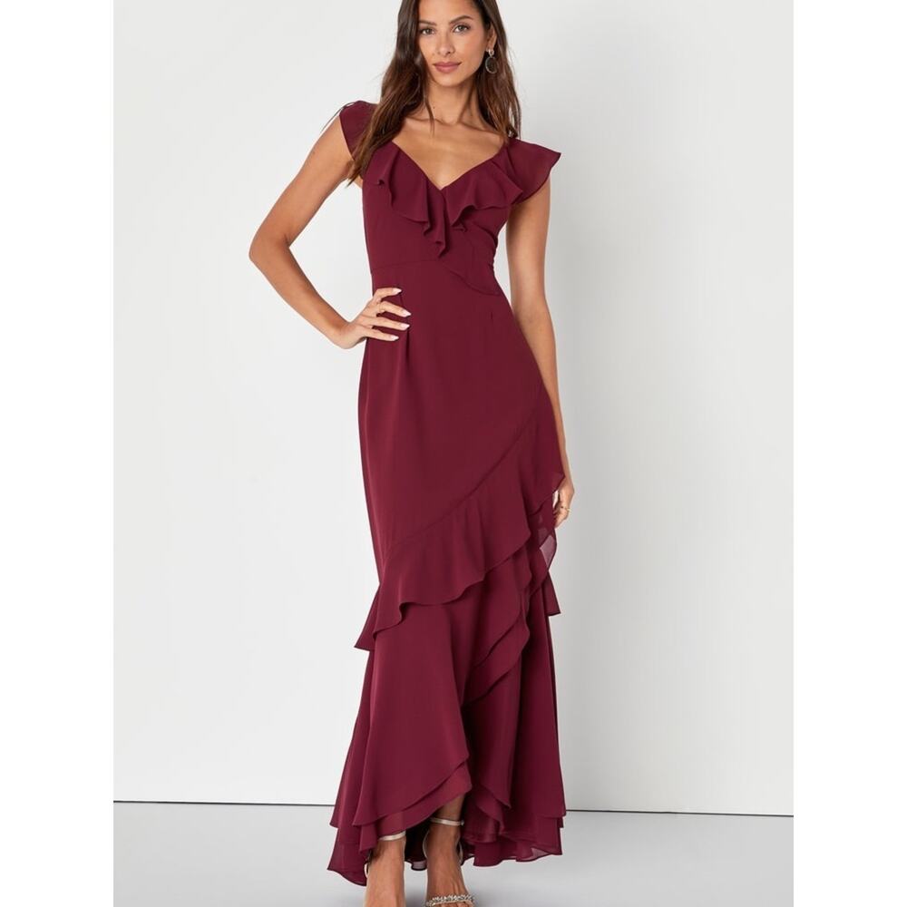 NWT Lulus Burgundy Asymmetrical Ruffled Maxi Dress M Wedding Guest Event Formal